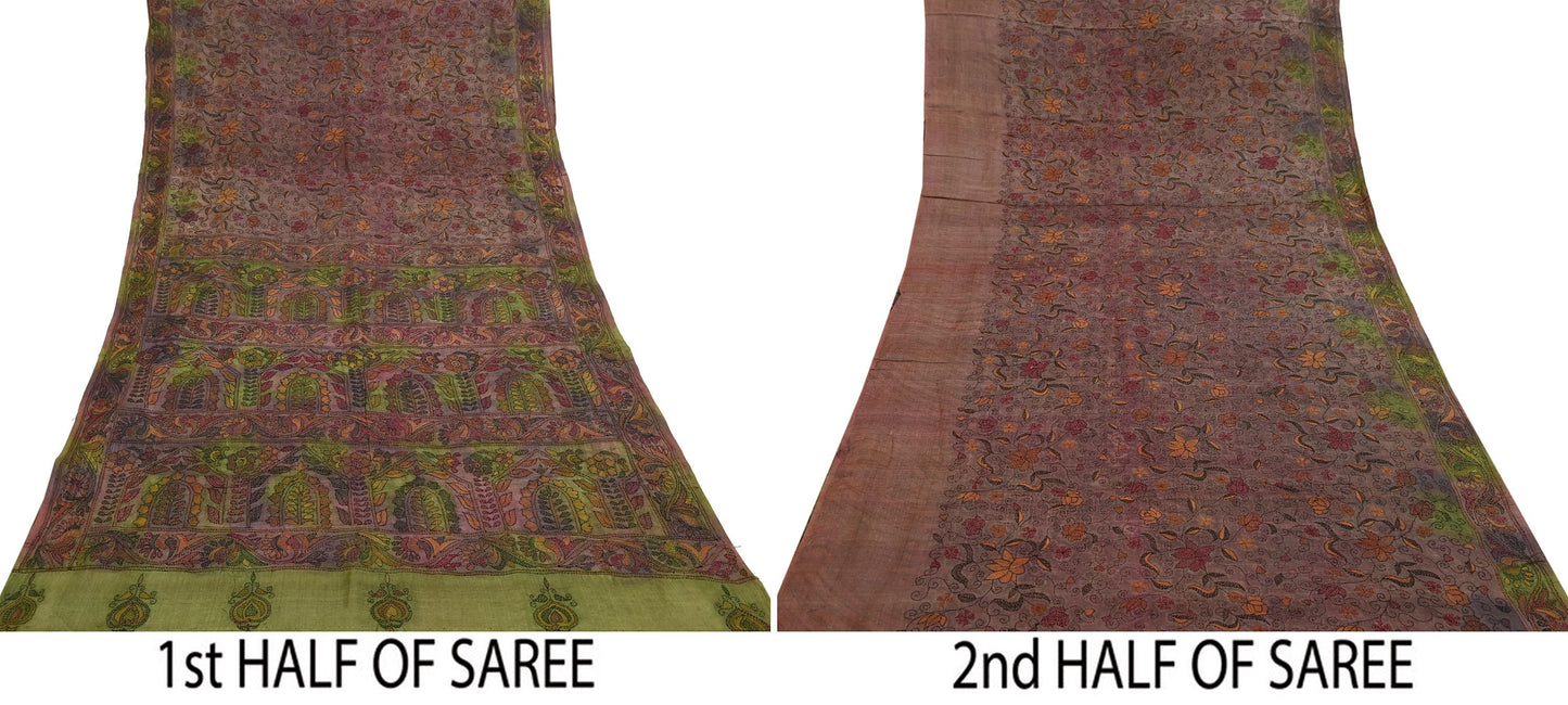 Indian Vintage Brown & Green Saree 100% Pure Silk Hand Embroidered Kantha Sari Fabric 5Yd Sewing Floral Sequin