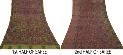 Indian Vintage Brown & Green Saree 100% Pure Silk Hand Embroidered Kantha Sari Fabric 5Yd Sewing Floral Sequin