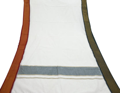 Vintage Bengali Traditional Saree Handwoven Pure Cotton Off White Red & Golden Border Ethnic Gift for Christmas