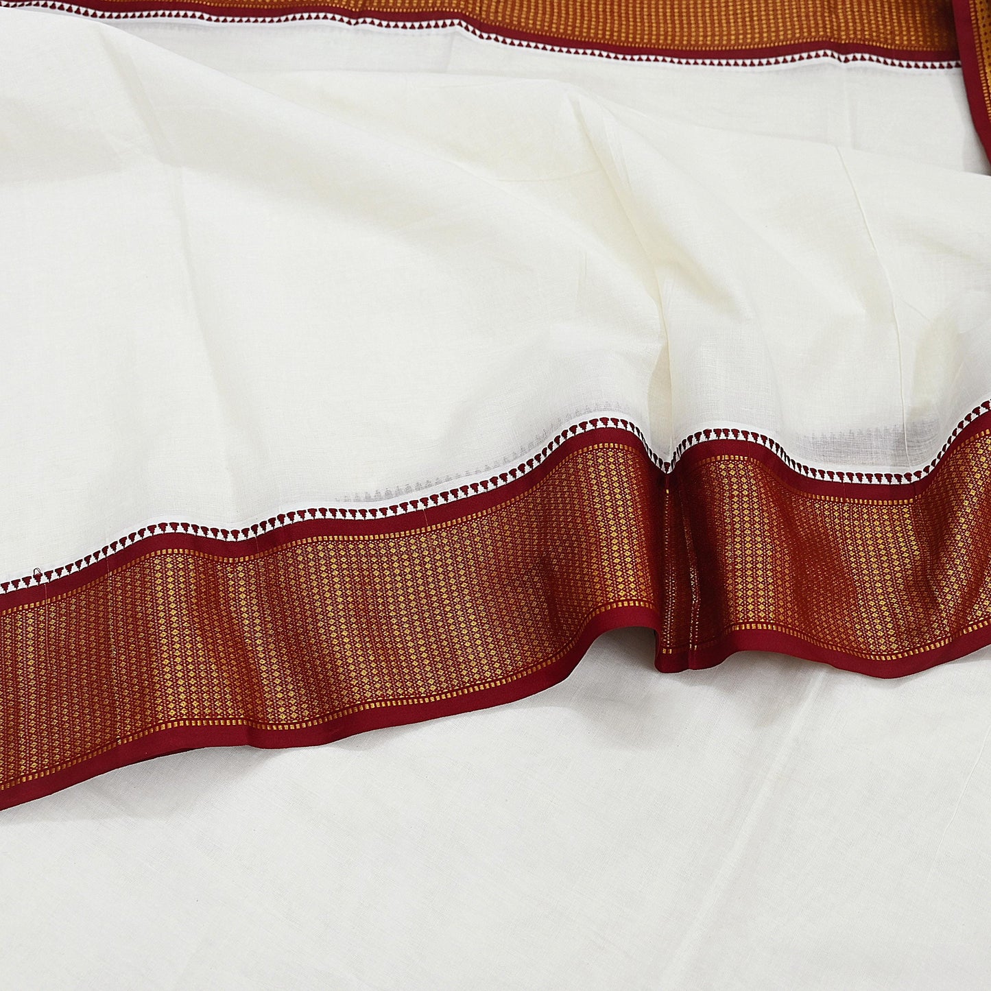 Vintage Bengali Traditional Saree Handwoven Pure Cotton Off White Red & Golden Border Ethnic Gift for Christmas