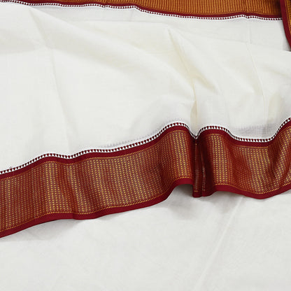 Vintage Bengali Traditional Saree Handwoven Pure Cotton Off White Red & Golden Border Ethnic Gift for Christmas