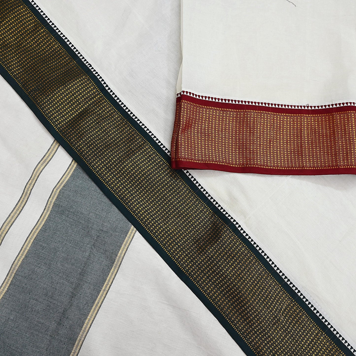 Vintage Bengali Traditional Saree Handwoven Pure Cotton Off White Red & Golden Border Ethnic Gift for Christmas