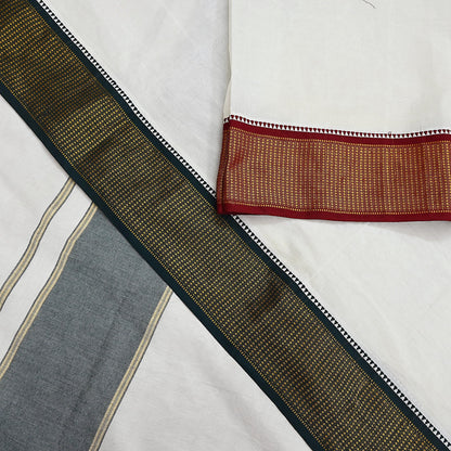 Vintage Bengali Traditional Saree Handwoven Pure Cotton Off White Red & Golden Border Ethnic Gift for Christmas