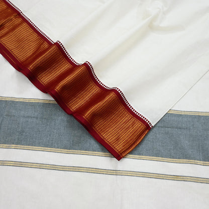 Vintage Bengali Traditional Saree Handwoven Pure Cotton Off White Red & Golden Border Ethnic Gift for Christmas