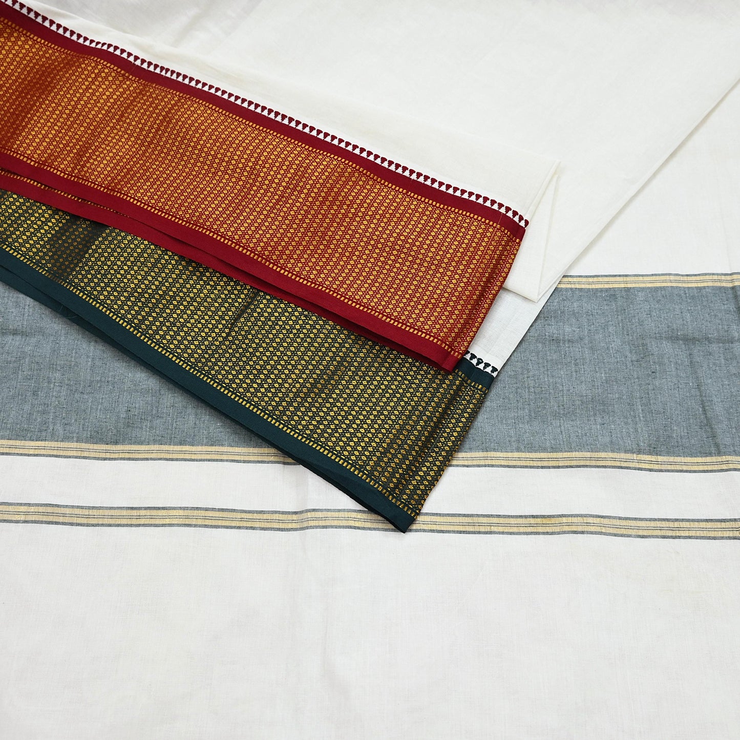 Vintage Bengali Traditional Saree Handwoven Pure Cotton Off White Red & Golden Border Ethnic Gift for Christmas