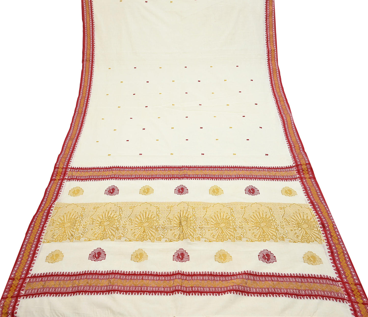 Vintage Bengali Traditional Saree Off White Handwoven Sari with Red & Golden Border Pure Cotton Drape