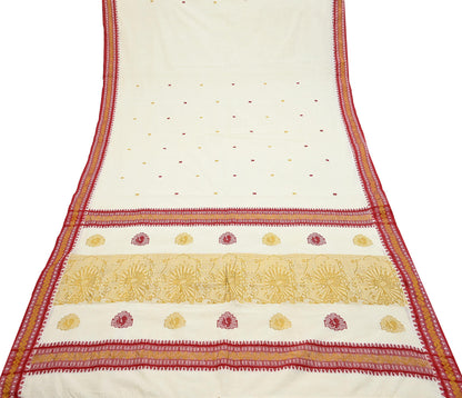 Vintage Bengali Traditional Saree Off White Handwoven Sari with Red & Golden Border Pure Cotton Drape