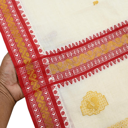 Vintage Bengali Traditional Saree Off White Handwoven Sari with Red & Golden Border Pure Cotton Drape