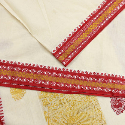 Vintage Bengali Traditional Saree Off White Handwoven Sari with Red & Golden Border Pure Cotton Drape