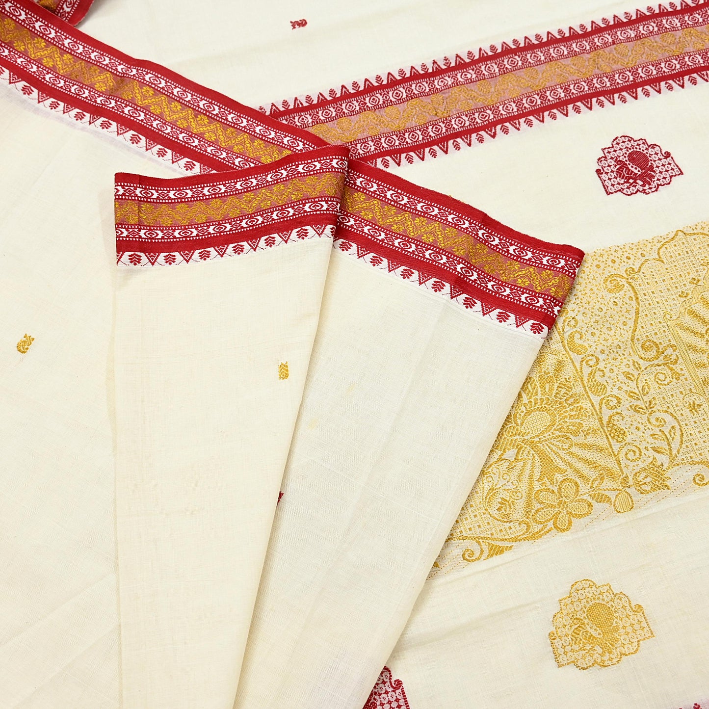 Vintage Bengali Traditional Saree Off White Handwoven Sari with Red & Golden Border Pure Cotton Drape