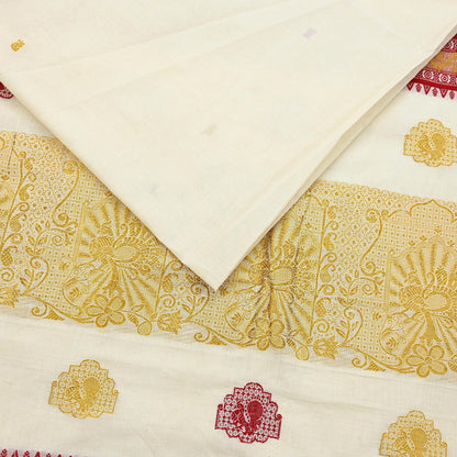 Vintage Bengali Traditional Saree Off White Handwoven Sari with Red & Golden Border Pure Cotton Drape