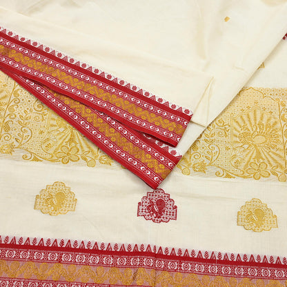 Vintage Bengali Traditional Saree Off White Handwoven Sari with Red & Golden Border Pure Cotton Drape