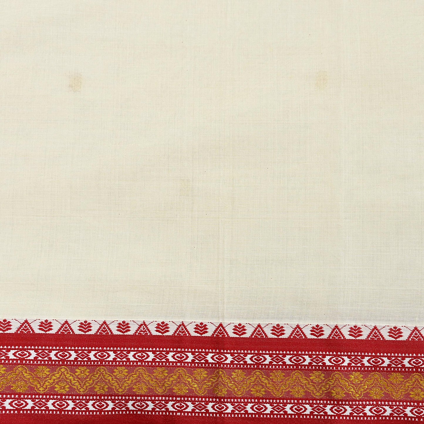 Vintage Bengali Traditional Saree Off White Handwoven Sari with Red & Golden Border Pure Cotton Drape