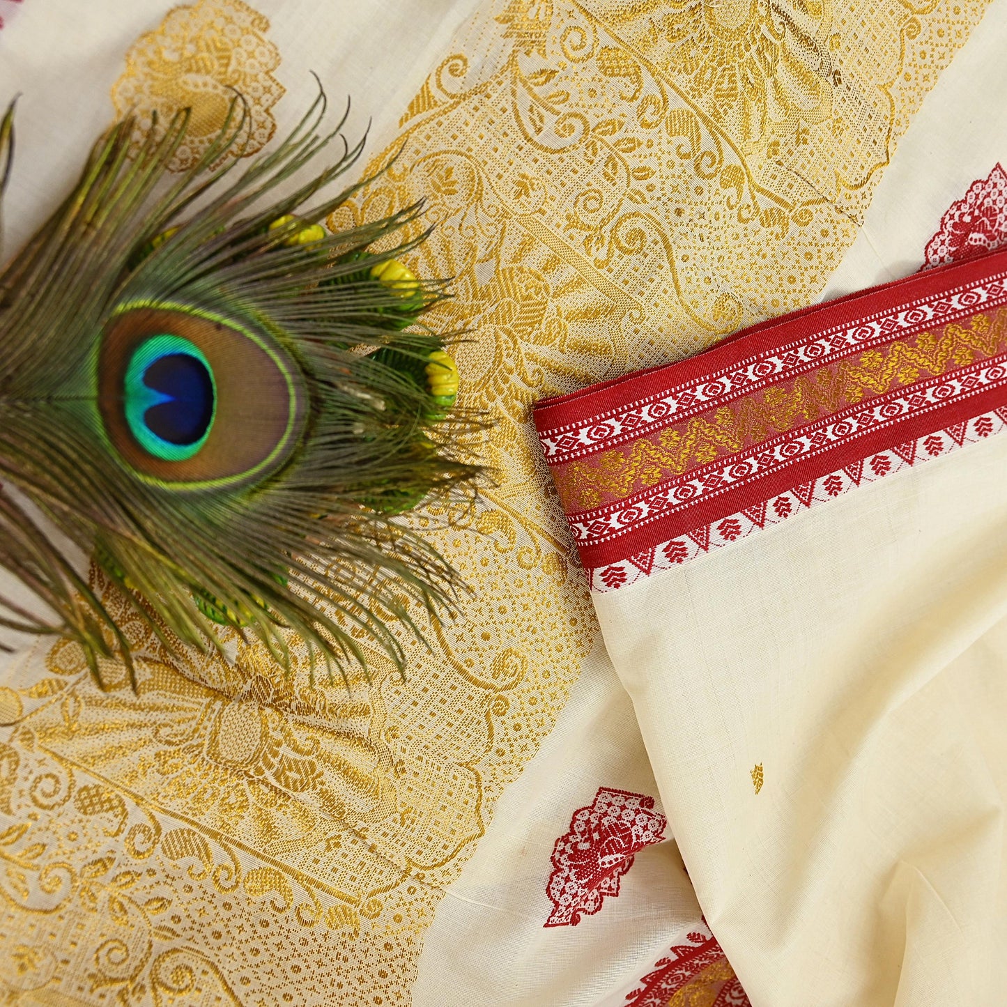 Vintage Bengali Traditional Saree Off White Handwoven Sari with Red & Golden Border Pure Cotton Drape