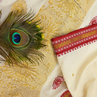 Vintage Bengali Traditional Saree Off White Handwoven Sari with Red & Golden Border Pure Cotton Drape