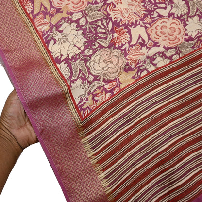 Vintage Purple beige Pure Khadi Silk Saree 5Yd Handloom Indian Sari Soft Fabric Sustainable Craft Textile Boho Dressmaking Material