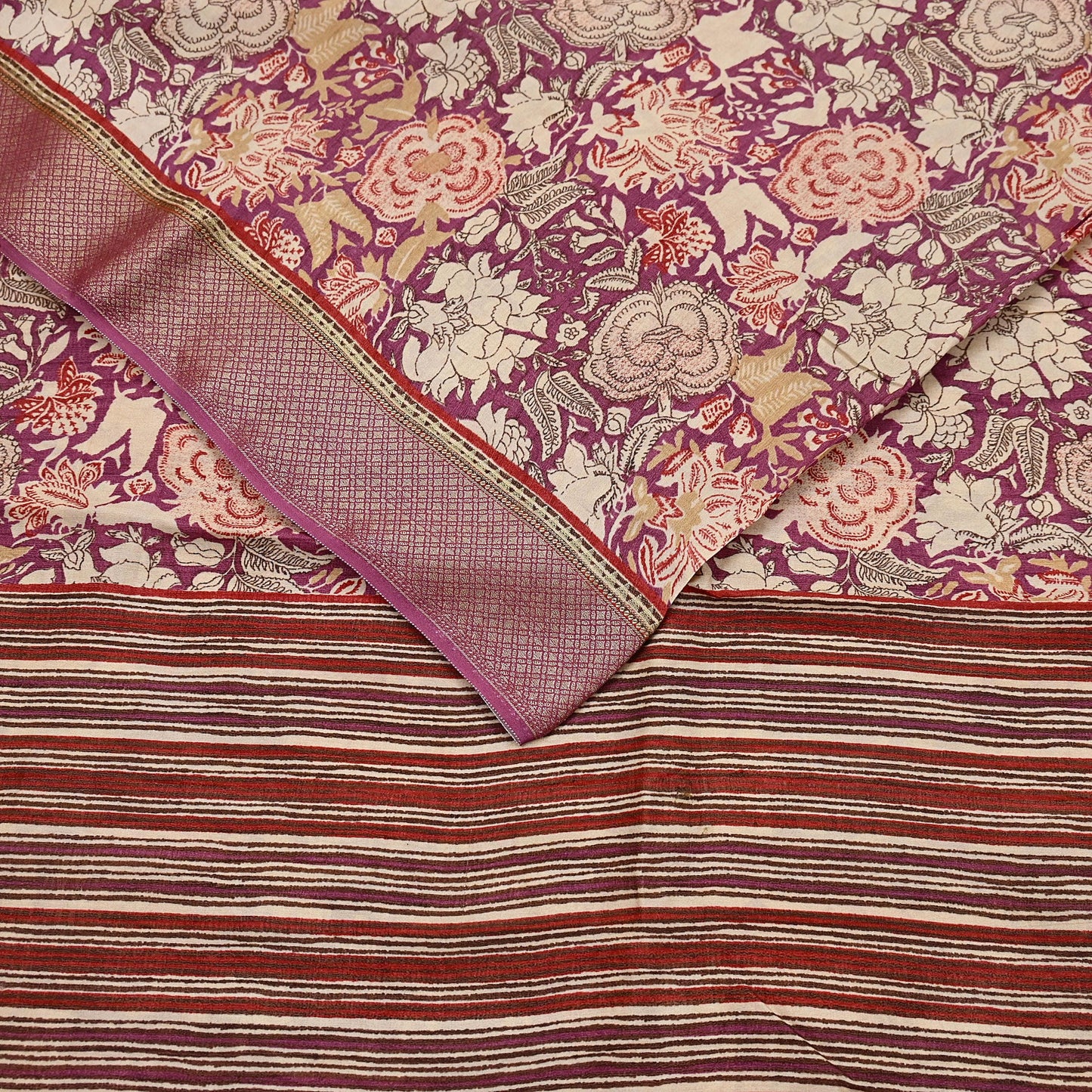 Vintage Purple beige Pure Khadi Silk Saree 5Yd Handloom Indian Sari Soft Fabric Sustainable Craft Textile Boho Dressmaking Material