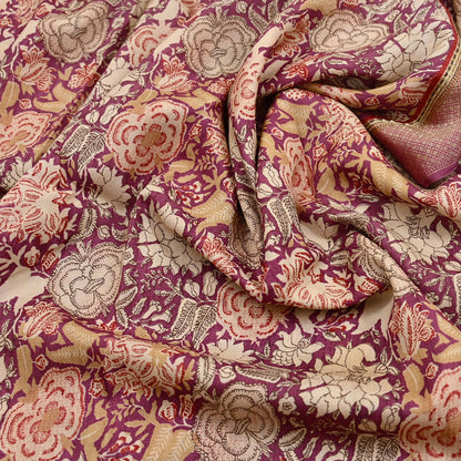 Vintage Purple beige Pure Khadi Silk Saree 5Yd Handloom Indian Sari Soft Fabric Sustainable Craft Textile Boho Dressmaking Material
