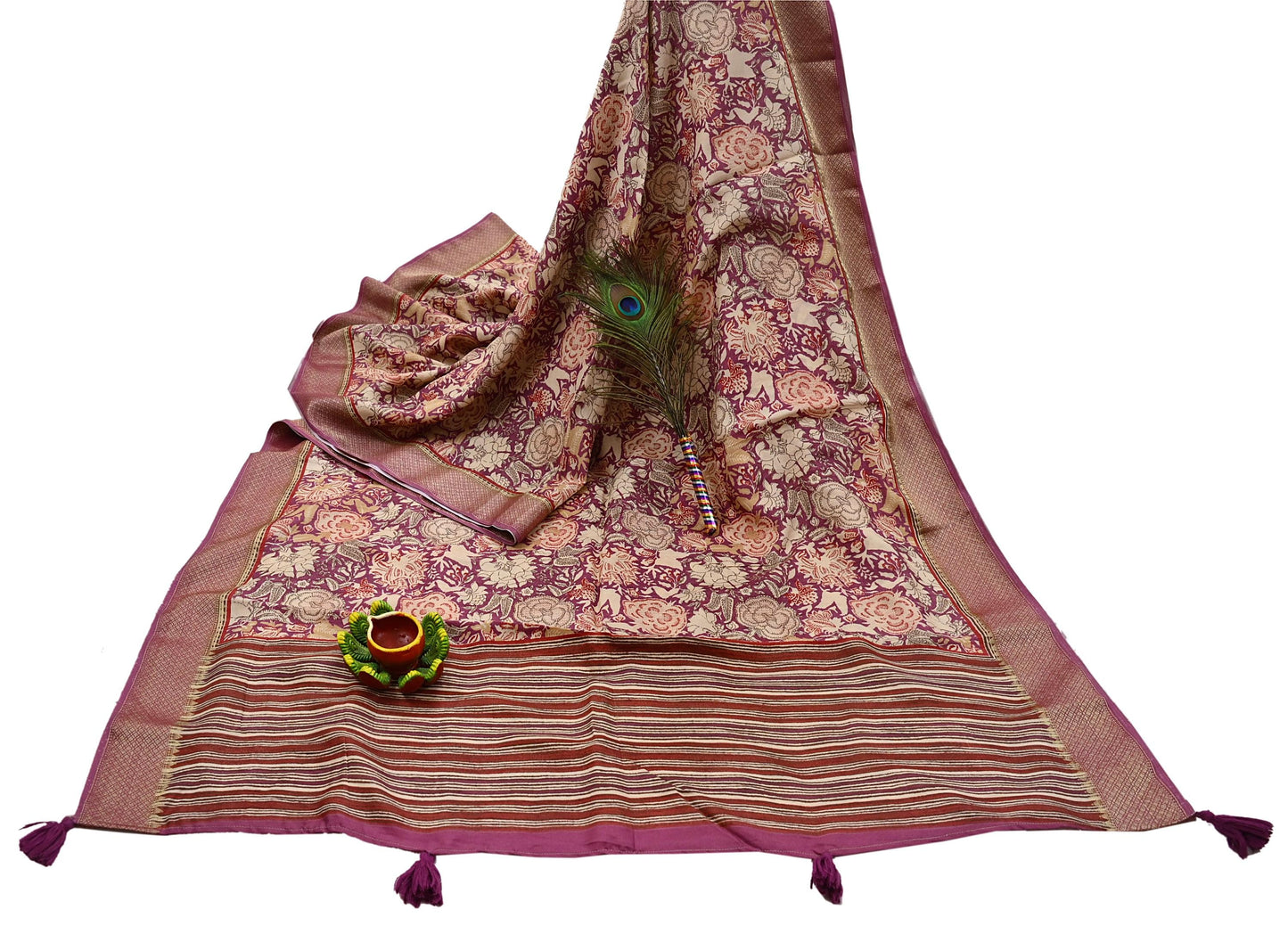 Vintage Purple beige Pure Khadi Silk Saree 5Yd Handloom Indian Sari Soft Fabric Sustainable Craft Textile Boho Dressmaking Material