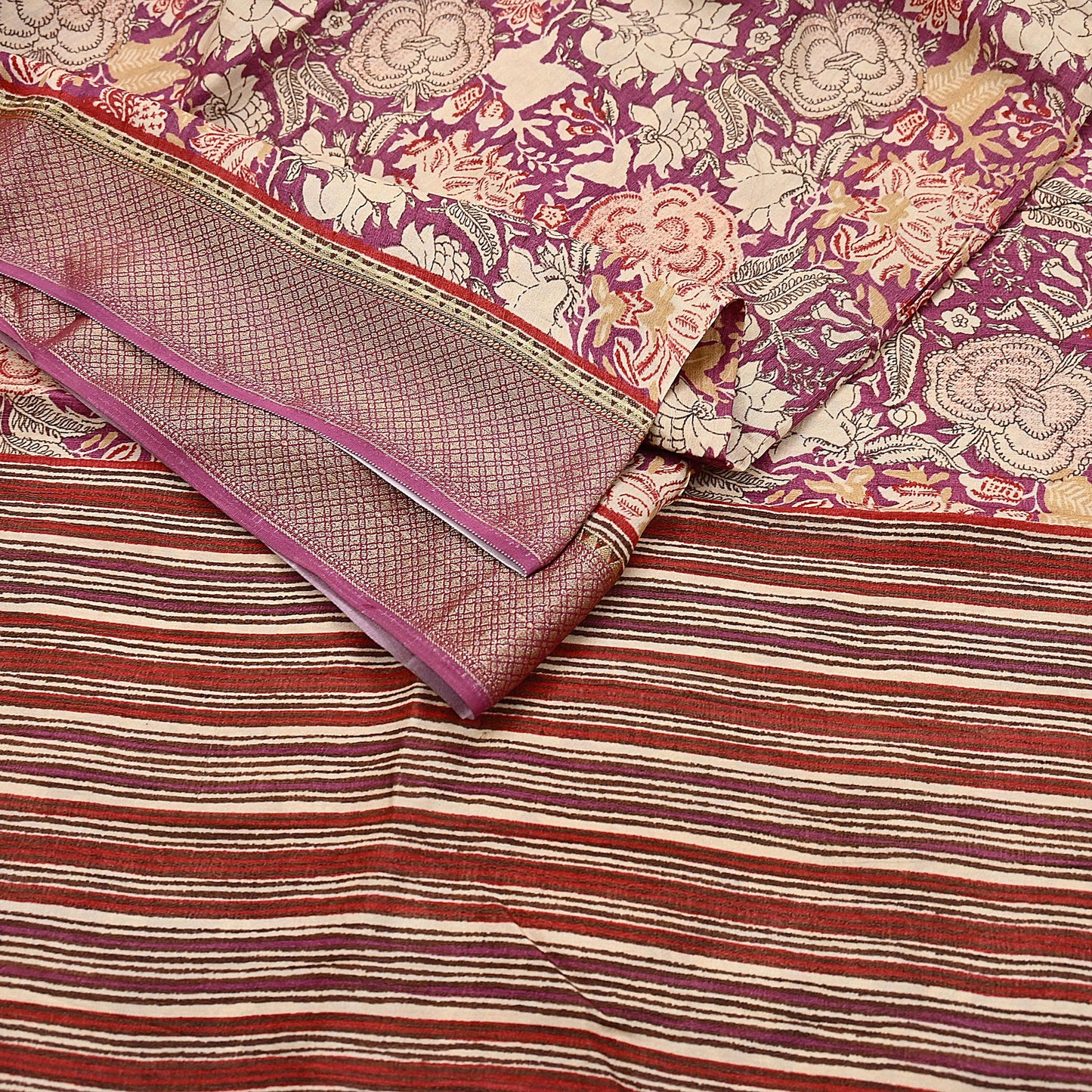 Vintage Purple beige Pure Khadi Silk Saree 5Yd Handloom Indian Sari Soft Fabric Sustainable Craft Textile Boho Dressmaking Material