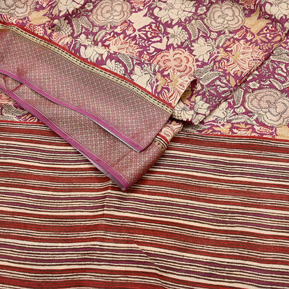Vintage Purple beige Pure Khadi Silk Saree 5Yd Handloom Indian Sari Soft Fabric Sustainable Craft Textile Boho Dressmaking Material