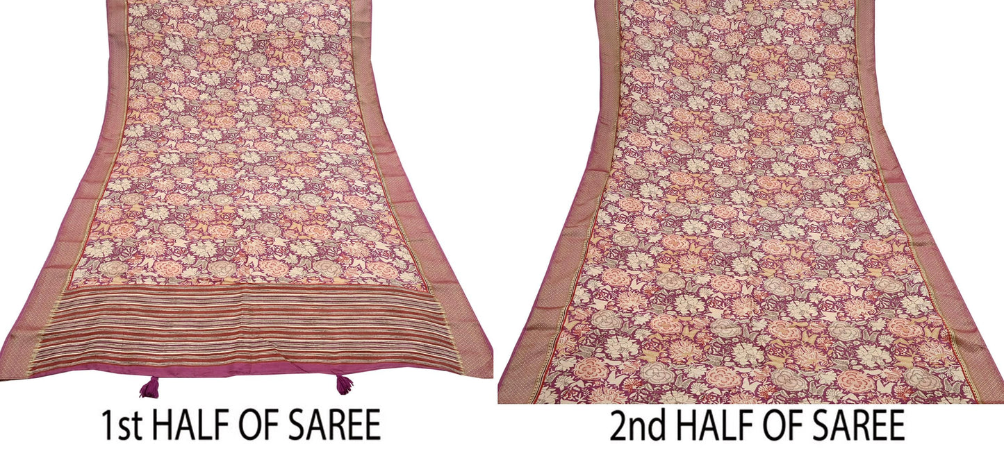 Vintage Purple beige Pure Khadi Silk Saree 5Yd Handloom Indian Sari Soft Fabric Sustainable Craft Textile Boho Dressmaking Material