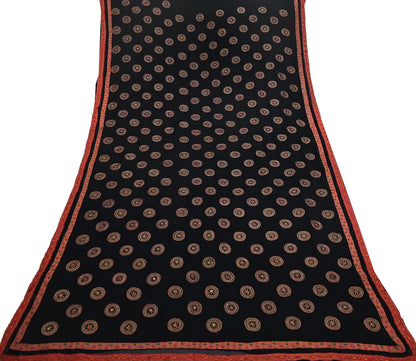Indian Vintage Heavy Sari Black Pure Georgette Silk Hand Beaded Sarees Craft Fabric 5Yd Sewing Soft Ethnic Wedding Dress making