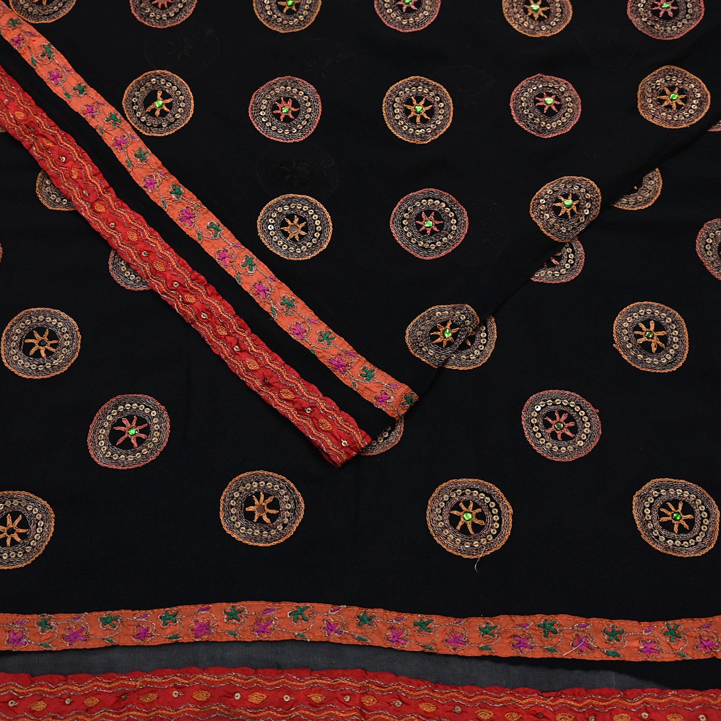 Indian Vintage Heavy Sari Black Pure Georgette Silk Hand Beaded Sarees Craft Fabric 5Yd Sewing Soft Ethnic Wedding Dress making