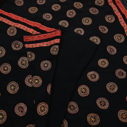 Indian Vintage Heavy Sari Black Pure Georgette Silk Hand Beaded Sarees Craft Fabric 5Yd Sewing Soft Ethnic Wedding Dress making