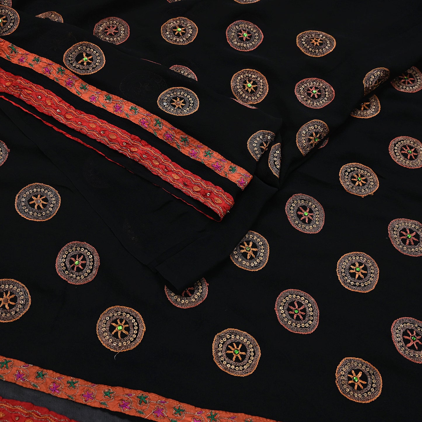 Indian Vintage Heavy Sari Black Pure Georgette Silk Hand Beaded Sarees Craft Fabric 5Yd Sewing Soft Ethnic Wedding Dress making