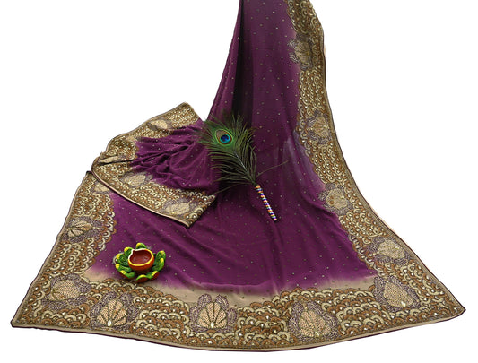 Indian Vintage Heavy Sarees Purple & beige Pure Georgette Silk Hand Embroidered Sari Fabric 5Yd Sewing Ethnic Zardozi zari Wedding sarees