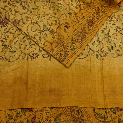 Indian Vintage Saffron Saree 100% Pure Silk Hand Embroidered Kantha Sari Fabric 5Yd Sewing Floral Sequin