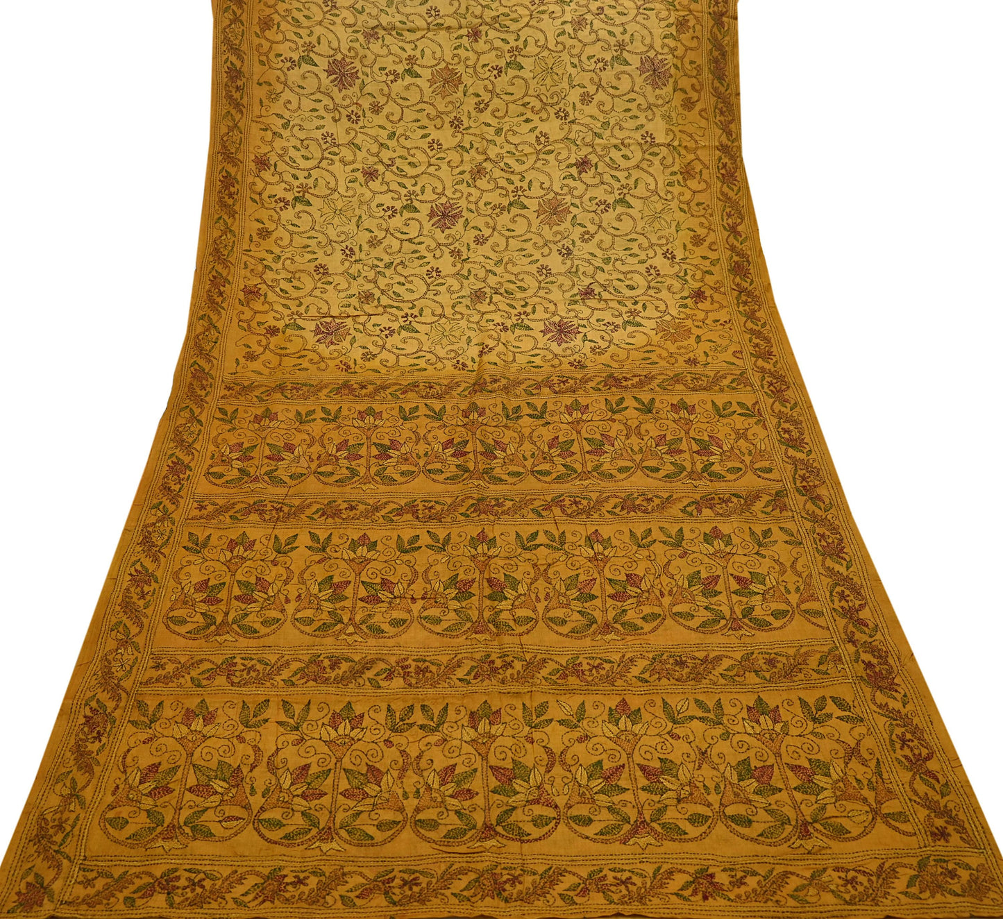 Indian Vintage Saffron Saree 100% Pure Silk Hand Embroidered Kantha Sari Fabric 5Yd Sewing Floral Sequin