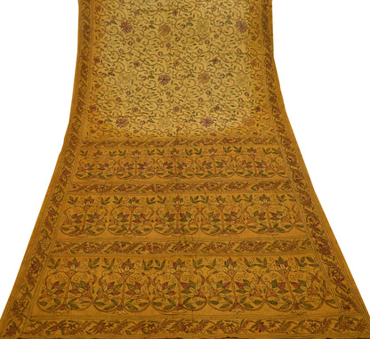 Indian Vintage Saffron Saree 100% Pure Silk Hand Embroidered Kantha Sari Fabric 5Yd Sewing Floral Sequin