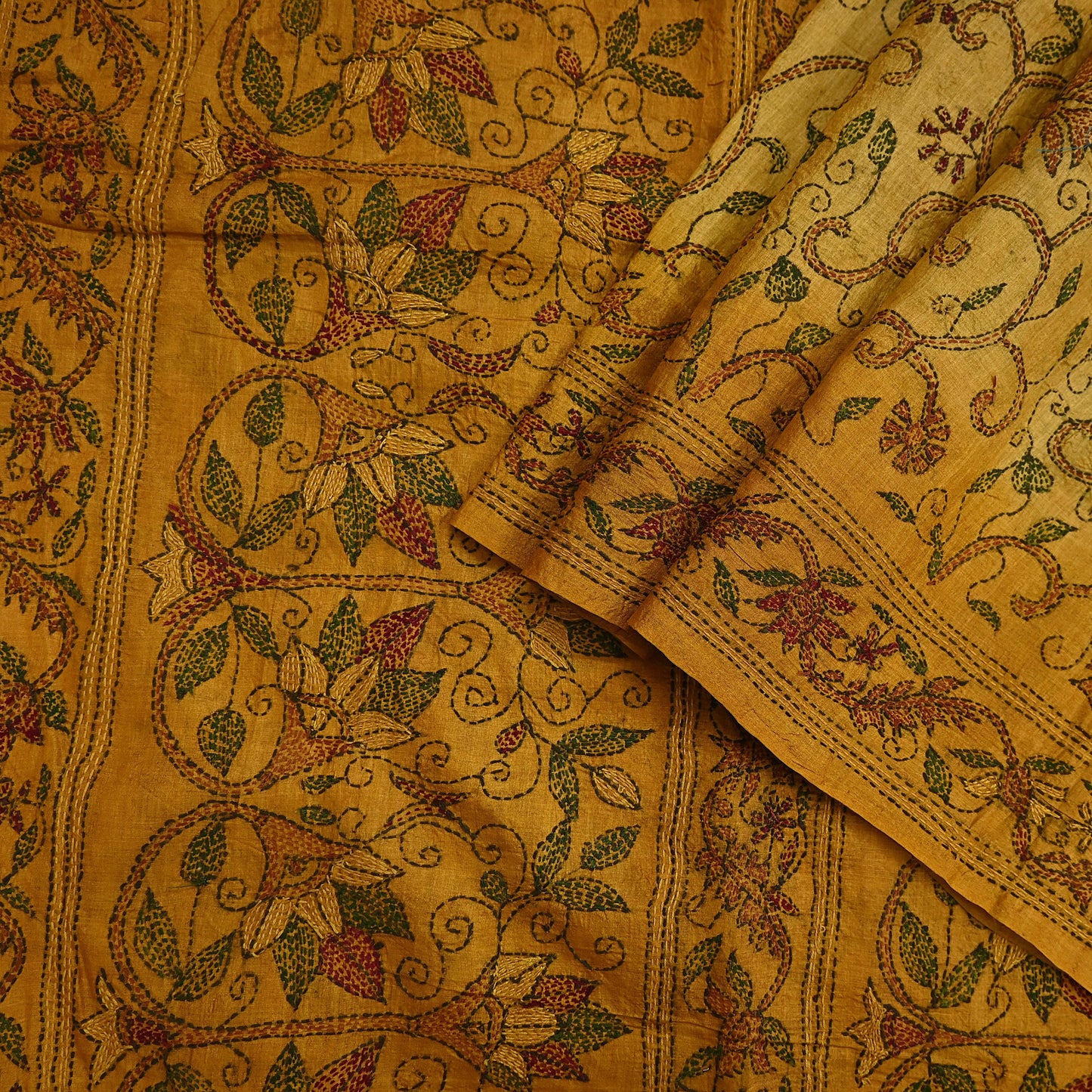 Indian Vintage Saffron Saree 100% Pure Silk Hand Embroidered Kantha Sari Fabric 5Yd Sewing Floral Sequin