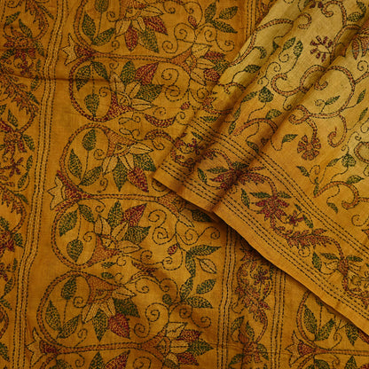 Indian Vintage Saffron Saree 100% Pure Silk Hand Embroidered Kantha Sari Fabric 5Yd Sewing Floral Sequin