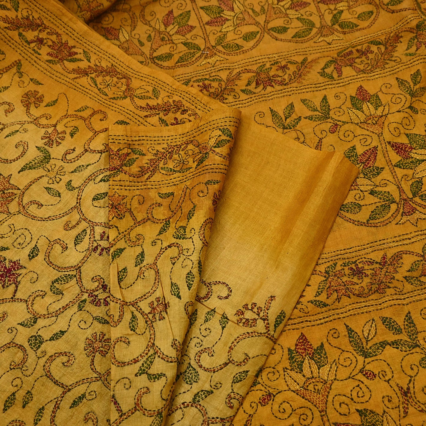 Indian Vintage Saffron Saree 100% Pure Silk Hand Embroidered Kantha Sari Fabric 5Yd Sewing Floral Sequin