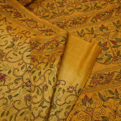 Indian Vintage Saffron Saree 100% Pure Silk Hand Embroidered Kantha Sari Fabric 5Yd Sewing Floral Sequin