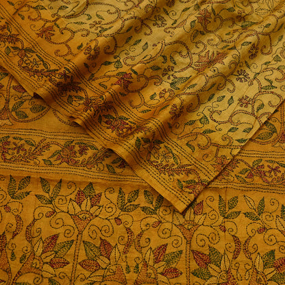 Indian Vintage Saffron Saree 100% Pure Silk Hand Embroidered Kantha Sari Fabric 5Yd Sewing Floral Sequin