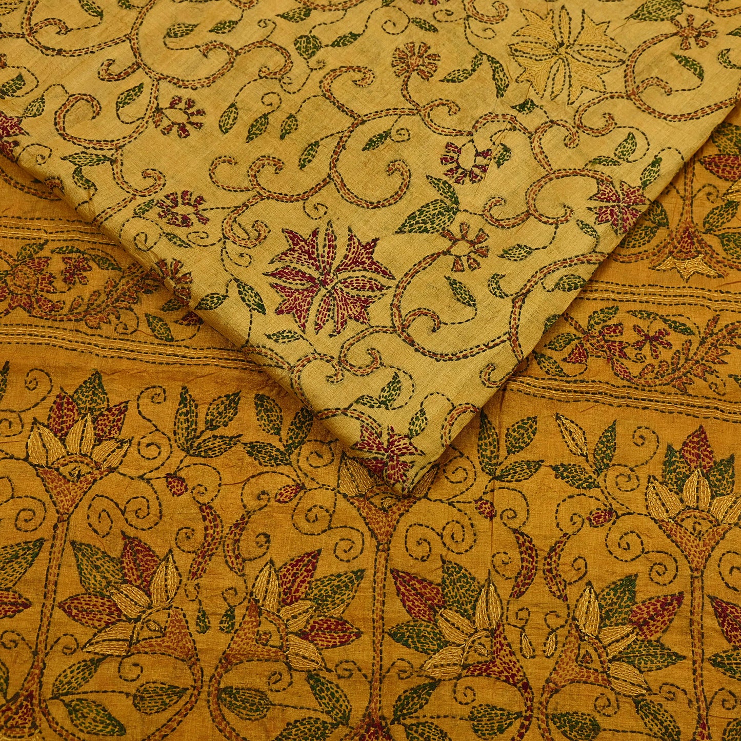 Indian Vintage Saffron Saree 100% Pure Silk Hand Embroidered Kantha Sari Fabric 5Yd Sewing Floral Sequin