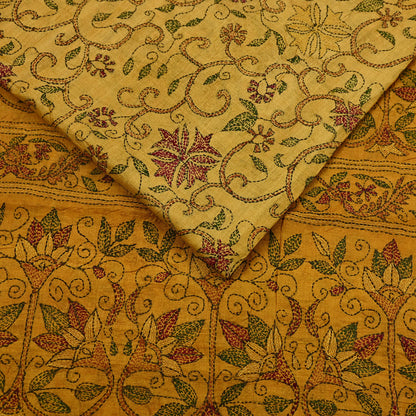 Indian Vintage Saffron Saree 100% Pure Silk Hand Embroidered Kantha Sari Fabric 5Yd Sewing Floral Sequin