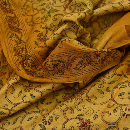 Indian Vintage Saffron Saree 100% Pure Silk Hand Embroidered Kantha Sari Fabric 5Yd Sewing Floral Sequin