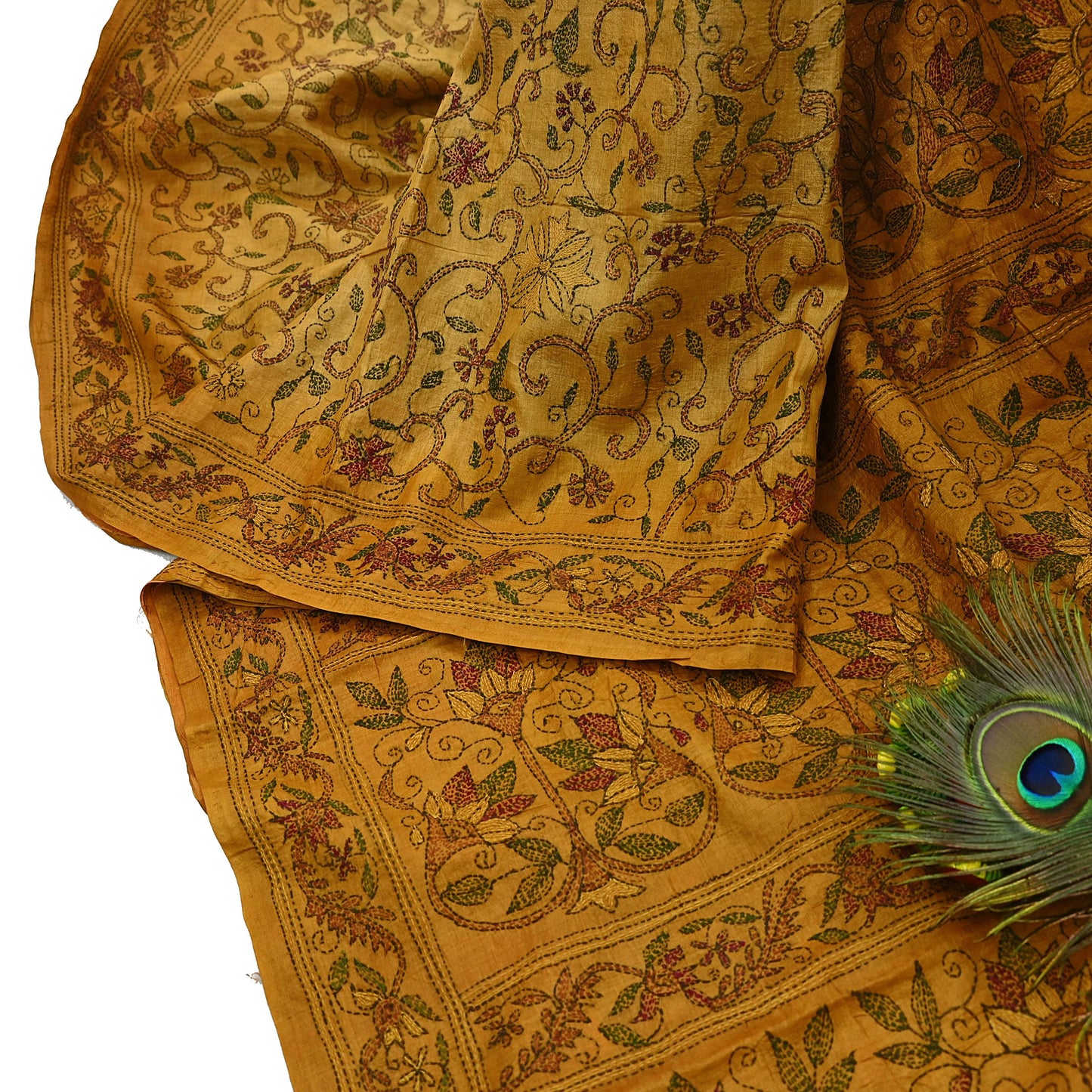 Indian Vintage Saffron Saree 100% Pure Silk Hand Embroidered Kantha Sari Fabric 5Yd Sewing Floral Sequin