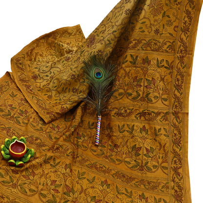 Indian Vintage Saffron Saree 100% Pure Silk Hand Embroidered Kantha Sari Fabric 5Yd Sewing Floral Sequin