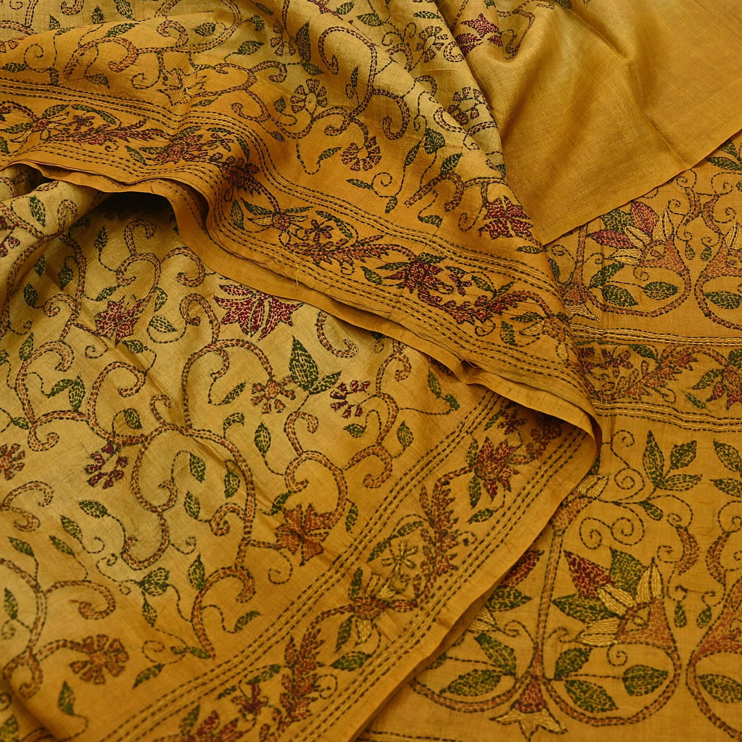 Indian Vintage Saffron Saree 100% Pure Silk Hand Embroidered Kantha Sari Fabric 5Yd Sewing Floral Sequin