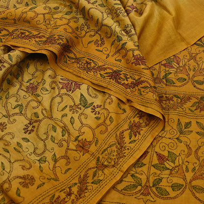 Indian Vintage Saffron Saree 100% Pure Silk Hand Embroidered Kantha Sari Fabric 5Yd Sewing Floral Sequin