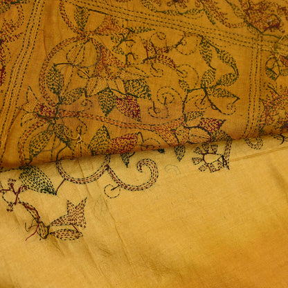 Indian Vintage Saffron Saree 100% Pure Silk Hand Embroidered Kantha Sari Fabric 5Yd Sewing Floral Sequin