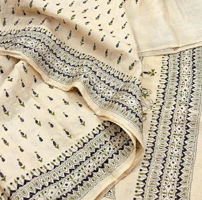 Indian Vintage Ivory Saree 100% Pure Silk Hand Embroidered Kantha Sari Fabric 5Yd Sewing Floral Sequin