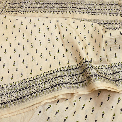 Indian Vintage Ivory Saree 100% Pure Silk Hand Embroidered Kantha Sari Fabric 5Yd Sewing Floral Sequin