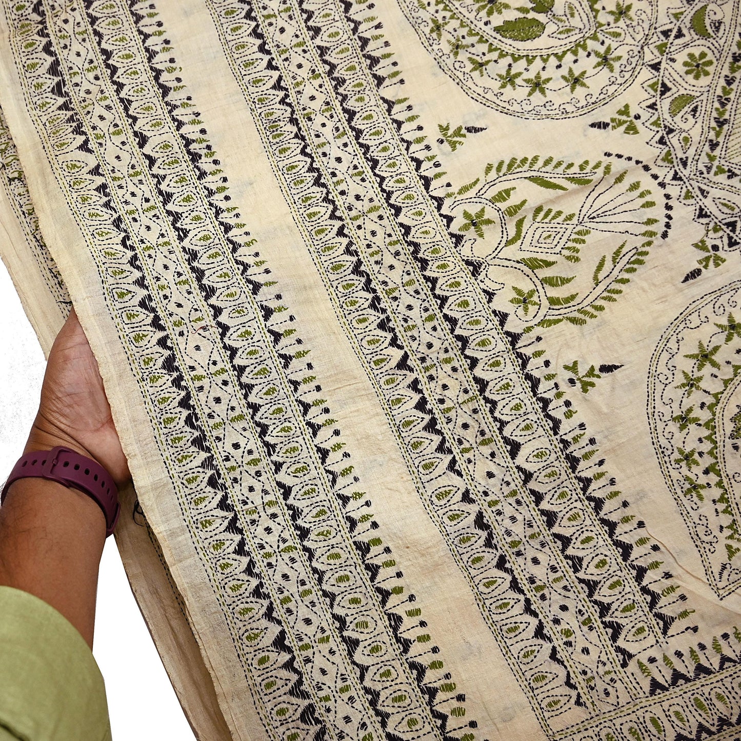Indian Vintage Ivory Saree 100% Pure Silk Hand Embroidered Kantha Sari Fabric 5Yd Sewing Floral Sequin